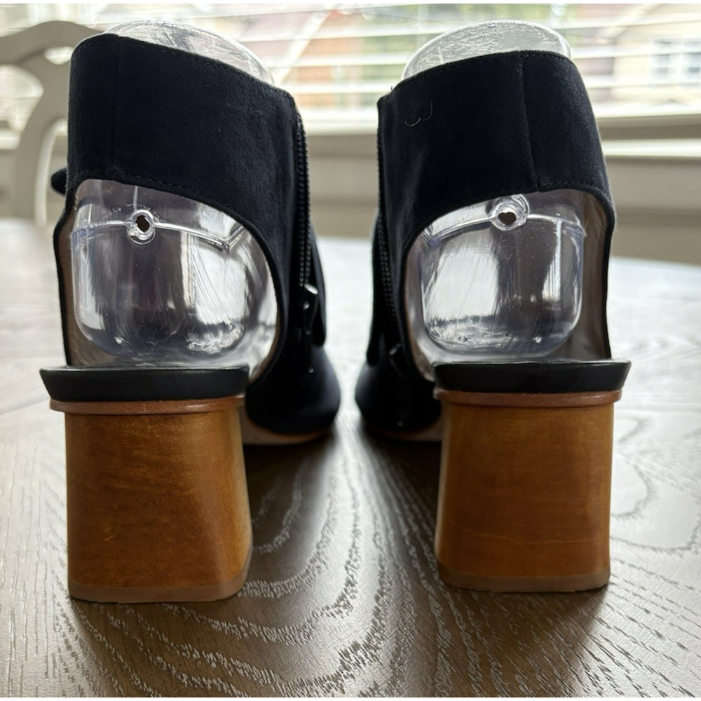 Bernardo Lizzie Navy Suede Booties Open Toe Block Wood Heel Designer Bow | 8.5 - Picture 5 of 9